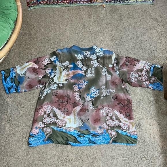 Citron Santa Monica Asian Floral Mandarin Notch Collar Silk Kimono Blouse 3X - Picture 7 of 8